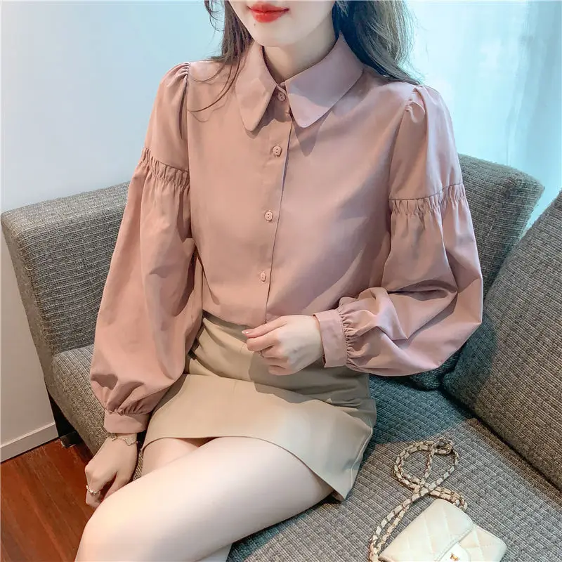 Fashion Loose Lapel Solid Color Folds Lantern Sleeve Shirts Women Clothing 2023 Autumn Oversized Casual Tops Office Lady Blouses