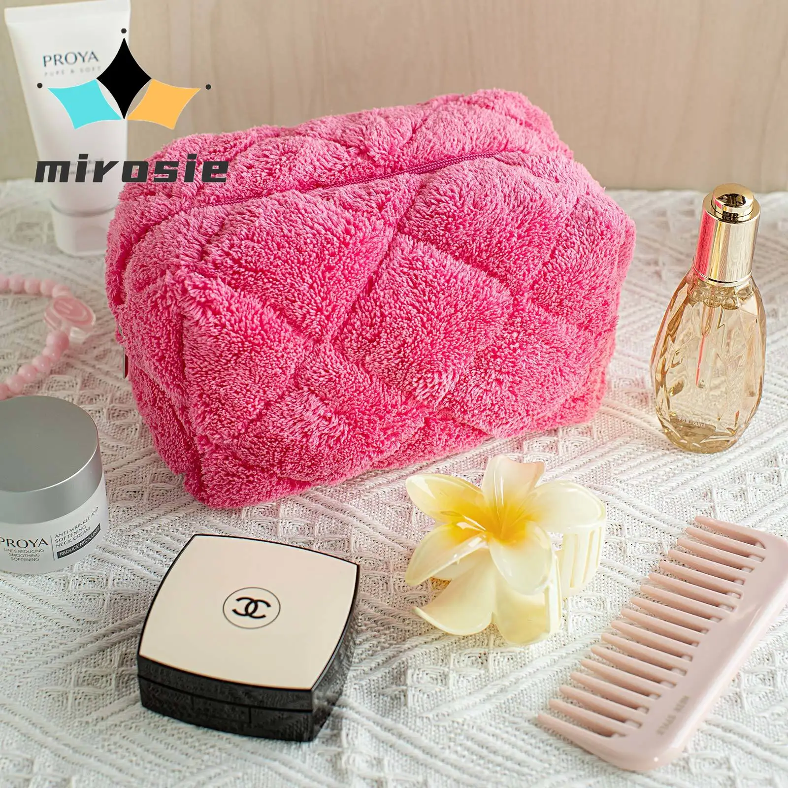 MIROSIE Fashion Fluffy Makeup Bag Travel  Portable Large Capacity Wash Bag Cosmetic Skin Care Product Storage Bag Pouch Rose Red