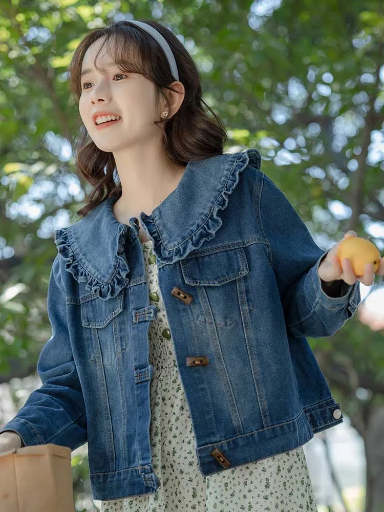 Crop Denim Jacket Women Vintage Sweet Peter Pan Collar Button Jean Coat Korean Fashion Ruffled Female Long Sleeves Loose Outwear