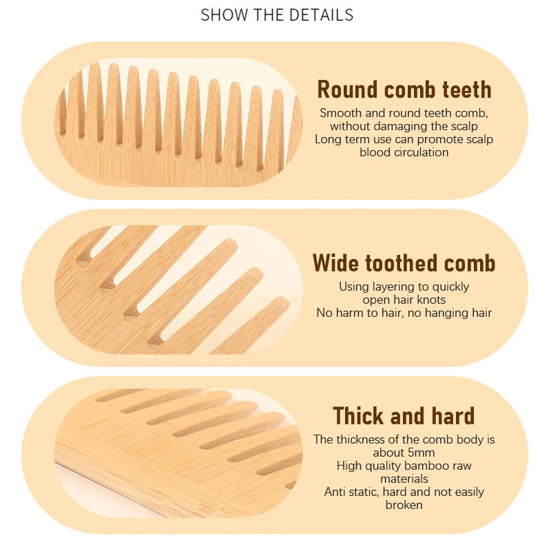 Bamboo Wide Tooth Comb Hair Brushes Detangling Combs Anti-Static Curly Hair For Women Men Smoothing Massaging Home Salon Use