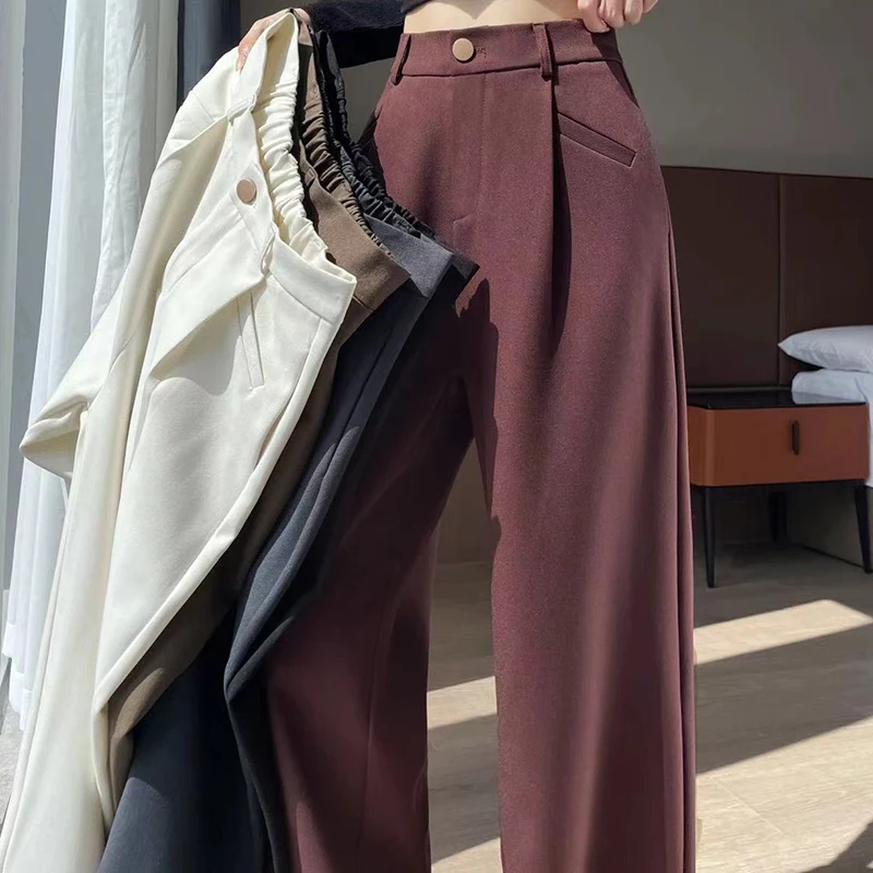 Seoulish Autumn Elegant Women\'s Wide Leg Pants 2024 New Korean Solid Button Casual Loose Office Full Length Trousers Female