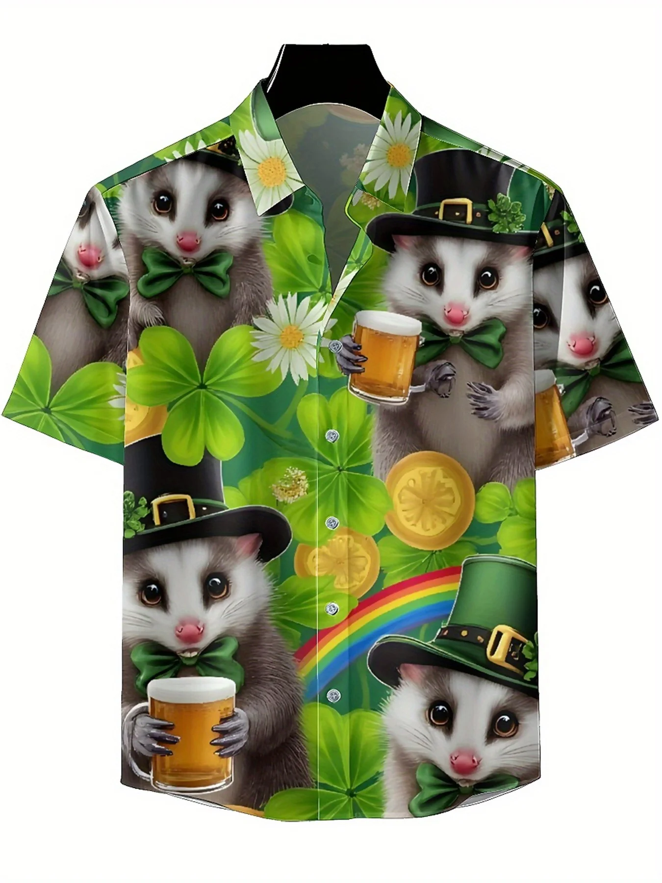 Men's Plus Size Hawaiian Shirts St. Patrick's Day with Monkeys and Rainbows Pattern,casual Tops, Outdoor Party, Streetwear