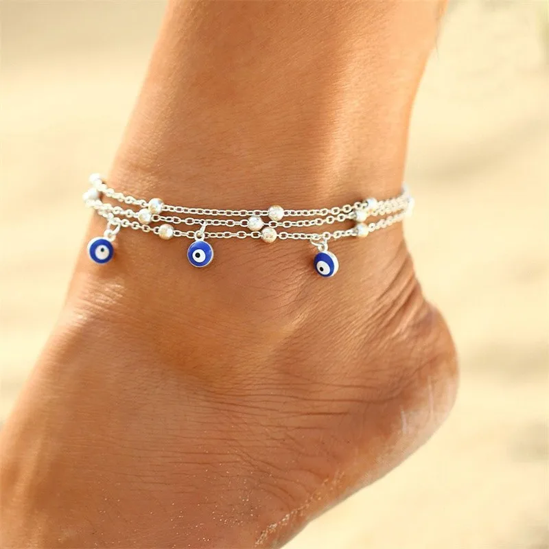 Elegant Daisy Flower Anklets for Women Bohemian Blue Turkish Eyes Elephant Metal Chain Ankle Bracelet Summer Beach Foot Jewelry