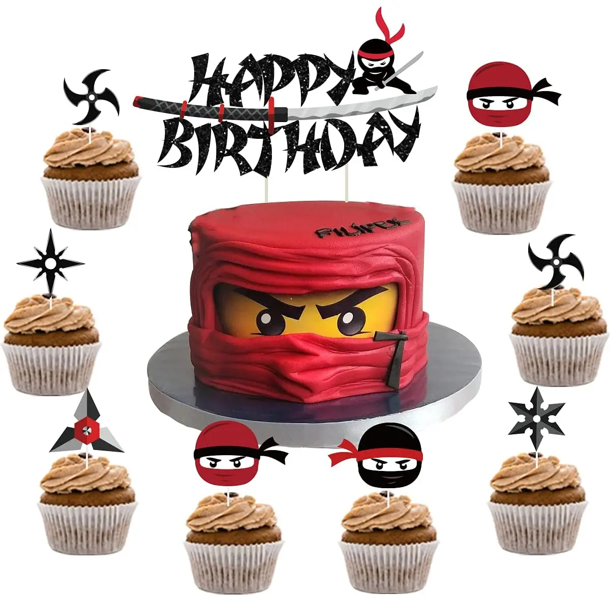 

25 Pieces Ninja Cake Toppers Happy Birthday Cake Topper Set with Ninja Warriors Cupcake Toppers for Boys Ninja Birthday Party