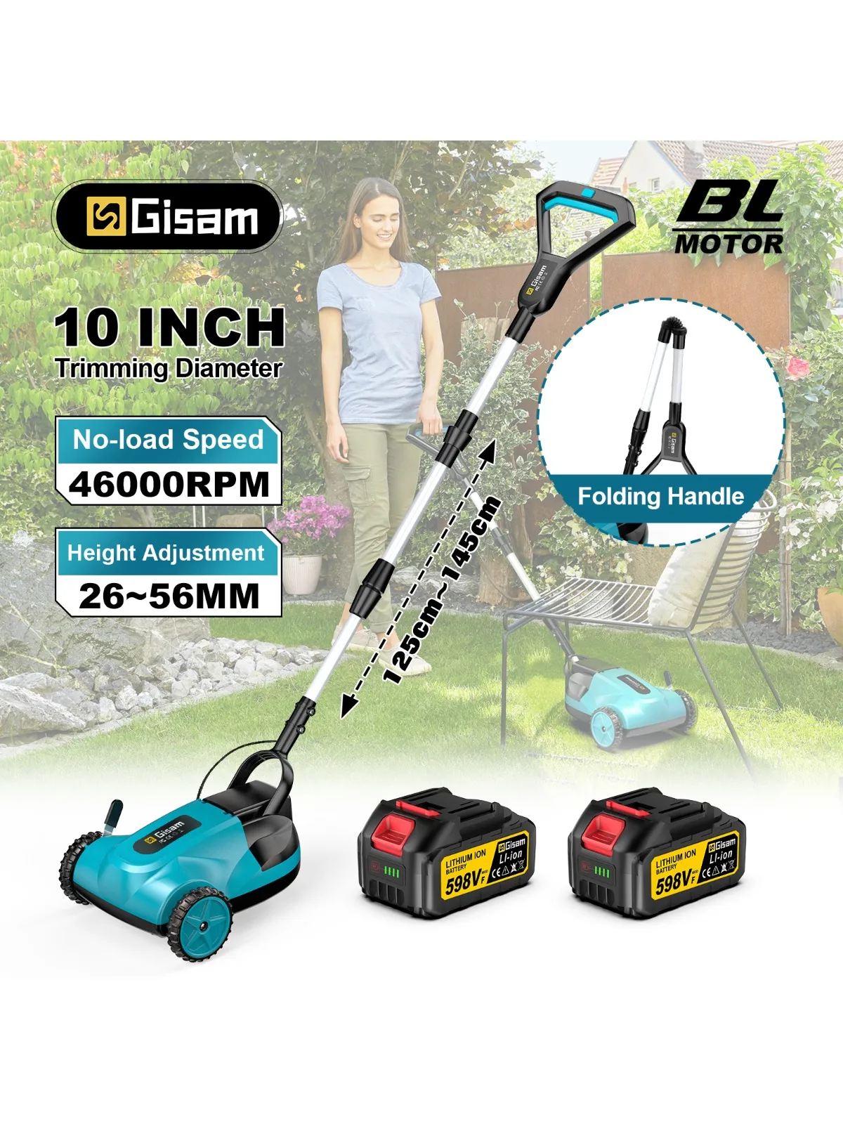 Gisam Bürstenloser Elektrischer Rasenmäher Kabelloser Rasentrimmer 3 Höhenverstellungen Gartenschneider für Makita 18V Akku