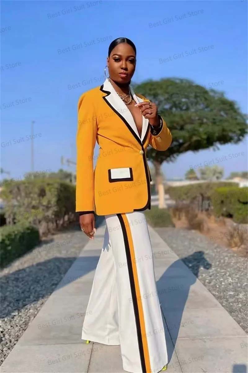 Cotton Women Suit Pants Set Blazer+Trousers 2 Pieces Splicing Colors Wedding Tuxedos Prom Dress Custom Made Yellow Coat Jacket