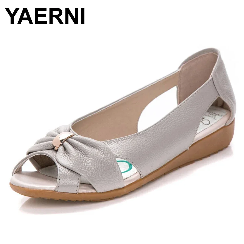 YAERNI Fashion Genuine Leather Ladies Sandals Women Cow Leather Hollow Flat Bowknot Butterfly-Knot Metal Plus Size Woman Sandals