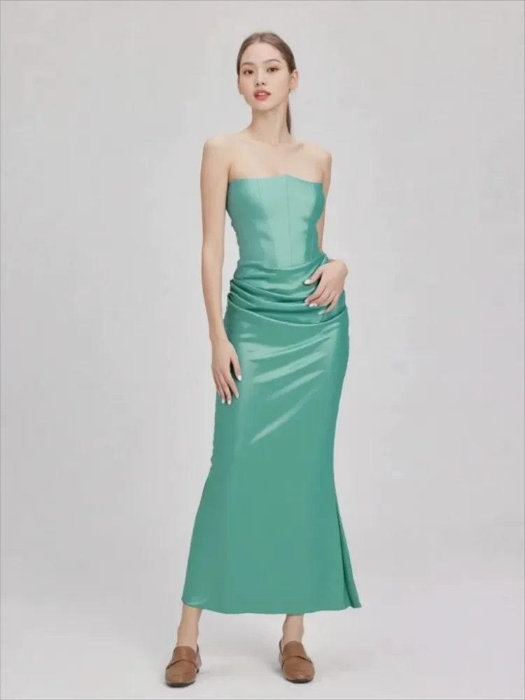 Chaxiaoa Fishbone Sexy Maxi Satin Dress Women Strapless Sleeveless Pleated Long Dress Female Elegant Evening Party Robe Vestidos