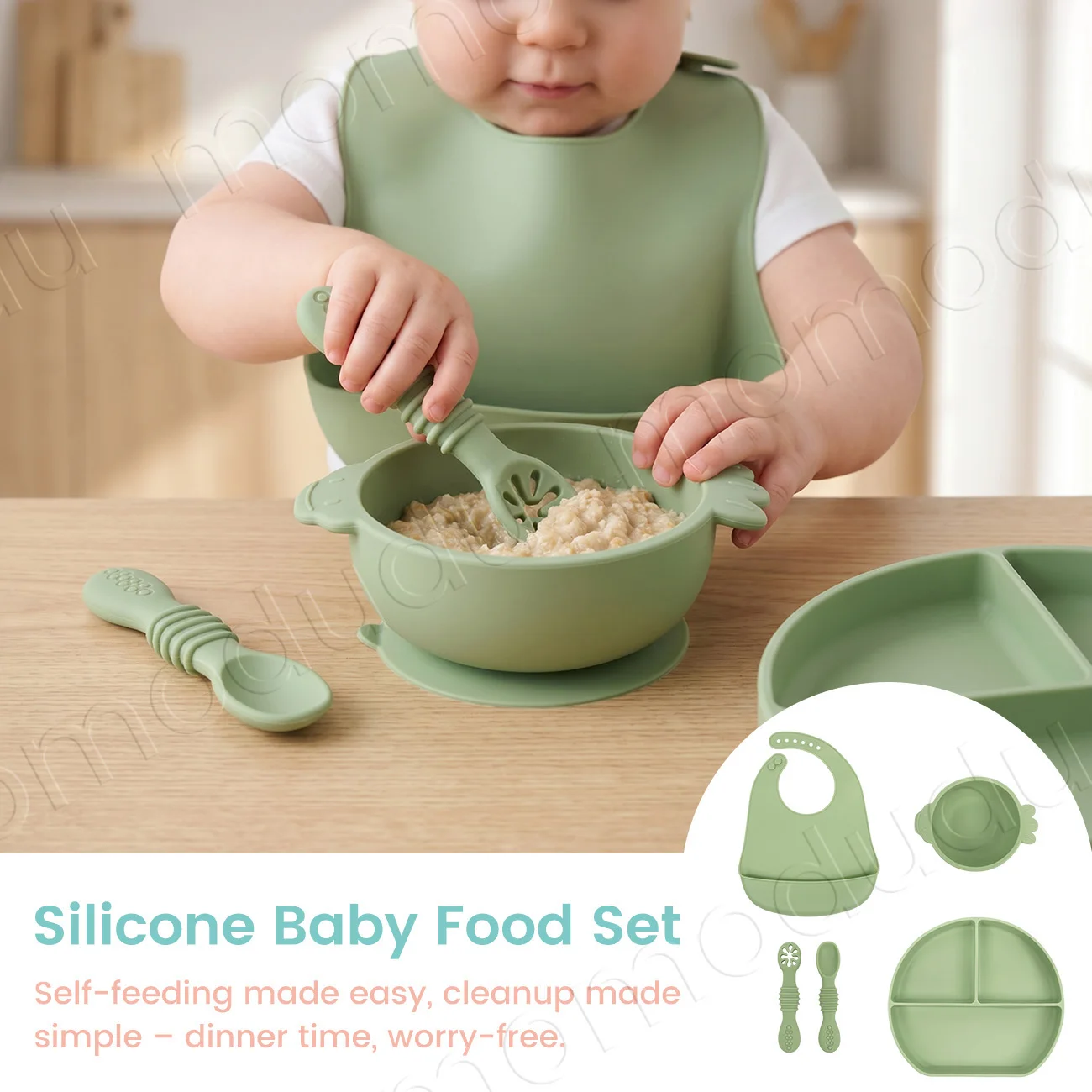 5PCS Silicone Baby Bib Set Suction Dishes Plate BPA Free Sucker Bowl Bib Spoon Fork Training Tableware Gift Set