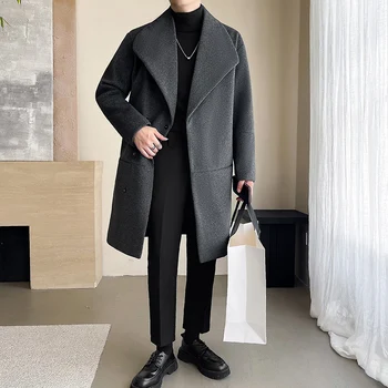 Men's Warm Wool-Fabric Mid-Length Overcoat 2 Trench men 2025 New Men Overcoat Windproof Warm Single Breasted Mid Length Two Button Overcoat Collar Wool Fabric Winter Coat 2
