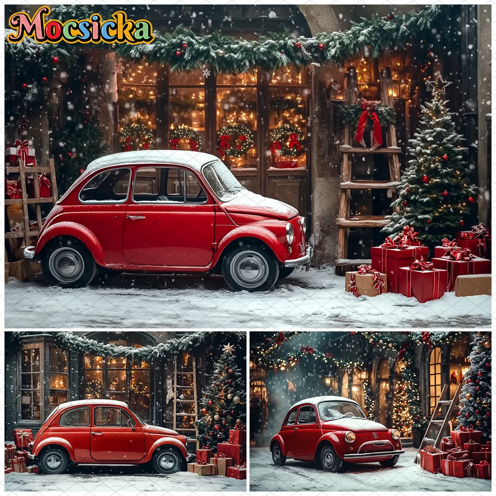Mocsicka Weihnachtsdekoration Fotografie-Hintergrund Vintage Rotes Auto Straßen-Weihnachtsbaum Geschenk Winter Schnee Szene Kinder Fotohintergrund