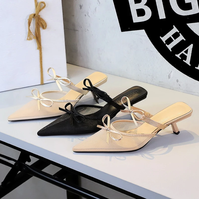 

Korean Version Of Lace Half-Tugged Thin Heels For With Pointed Toe Shallow Mouth Bow With One Strap Strap Mid-Heel Slippers