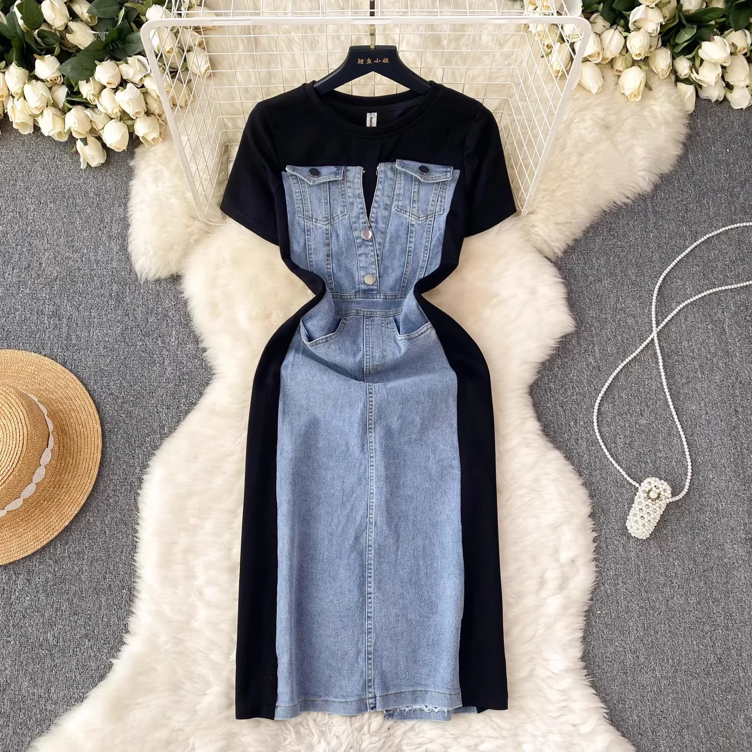 Casual Fake Two Piece Denim Dress Women Spring Summer Short Sleeve Patchwork Long Dress Vestidos