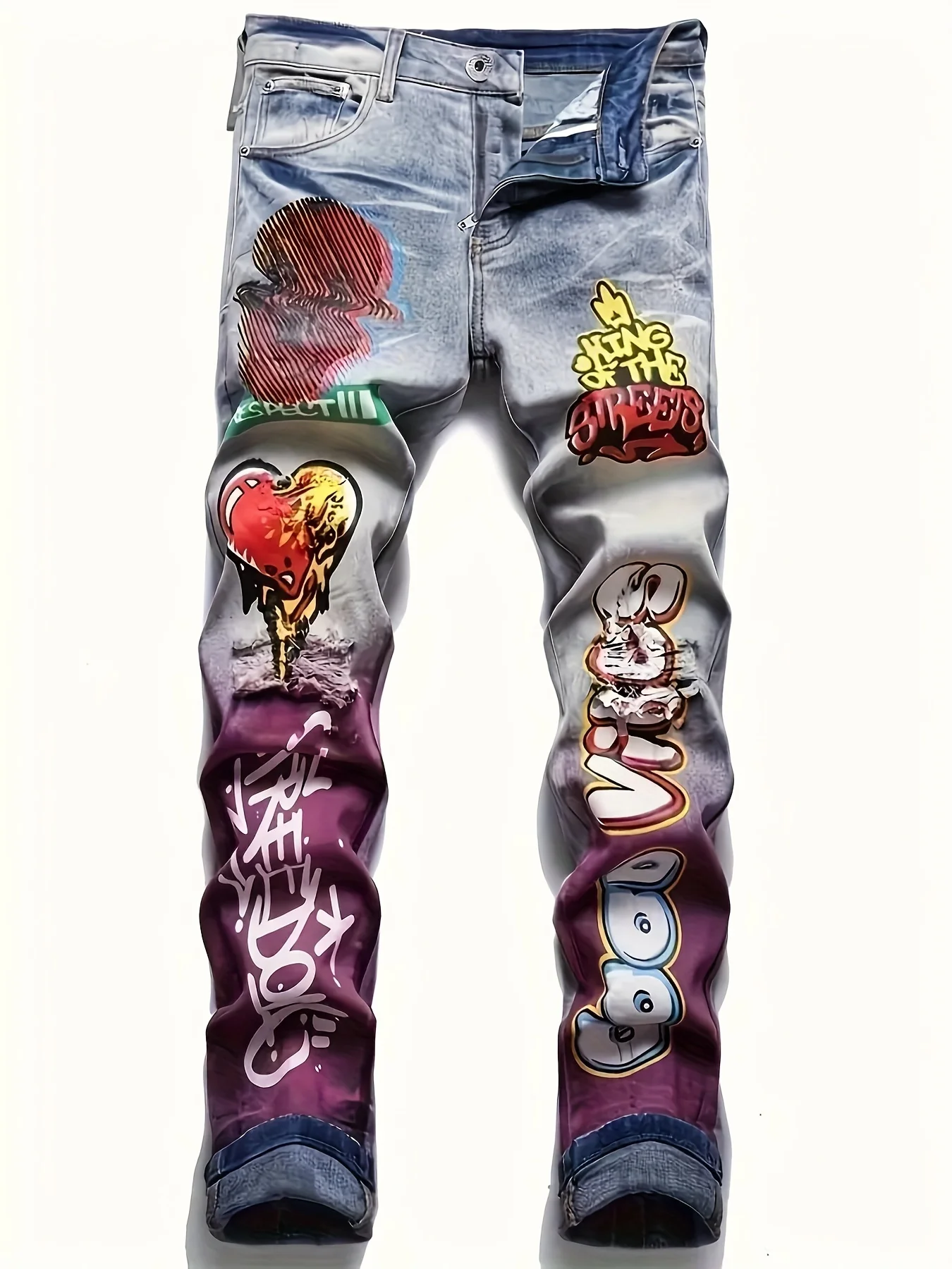 Men's Street Style Jeans, Funny Graffiti Heart Fingerprint Pattern Print Denim Pants Daily Life Punk Style Tie Dye Printed Jeans