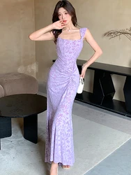 2026 Purple Jacquard Square Collar Sling Long Dress Summer Fashion Pleated Bodycon Ruffled Dress Women Korean Elegant Dress Gown