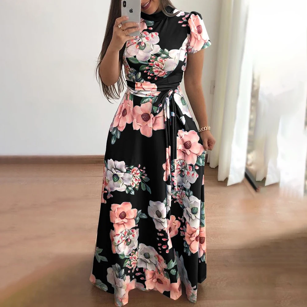 ชุดเดรสฤดูร้อนพิมพ์ลายดอกไม้ของผู้หญิง - 2025 ใหม่ Boho A-Line Swing Dress แขนสั้น, เอวสูง Flowy Maxi Dress สําหรับชายหาด &
