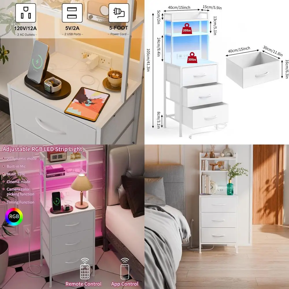 

41 LED Nightstand with USB Charging, 3-Drawer Storage, White Office/Bedside Table & Bookshelf Combo