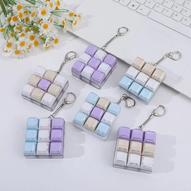 9-Keys Fidget Keyboard Keychain, Stress Relief Clicker Toy, Imitation Glass Colorful Anti-Anxiety Keychain Pendant, Bag Charm