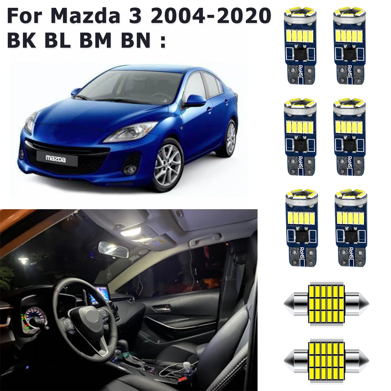 12V White LED Interior Light Map Dome Cabin Trunk Reading Ceiling Lamp Kit For Mazda 3 BK BL BM BN 2004-2009 2010-2013 2014-2020