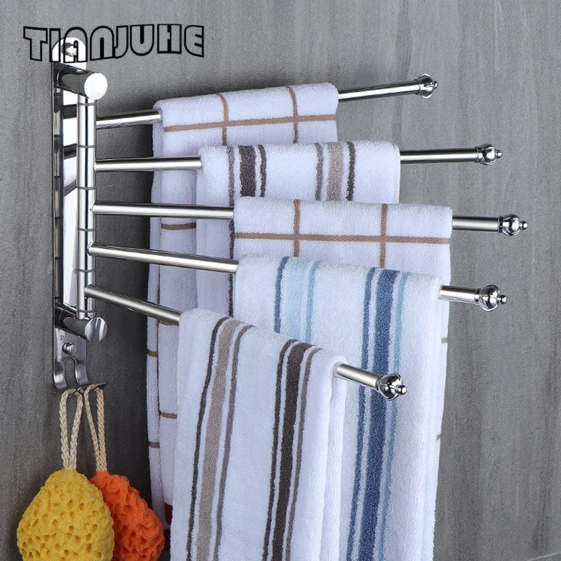 Wall Mount Towel Rail Rotating 304 Stainless Steel Bathroom Swivel Towel Bar Swing Hanger Towel Rack With Hook Space Saving