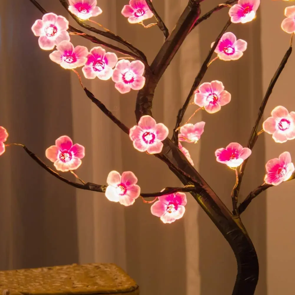 Home Decoration USB/Battery Powered Touch Switch Warm White Artificial Bonsai Cherry Blossom Desktop Tree LED Lamp Light Plasma