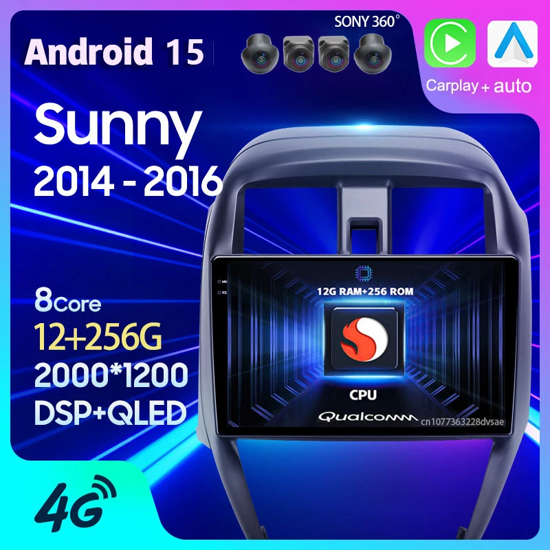 Android 15 Autoradio Per Nissan Sunny 2014 2015 2016 Carplay Auto Lettore di Navigazione GPS 2 Din Unità Principale BT WIFI + 4G Video Stereo