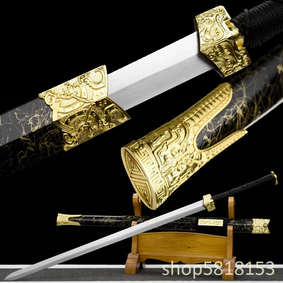 Meng steel Four sides blade Chines han sword gold dragon accessories  black saya black handle