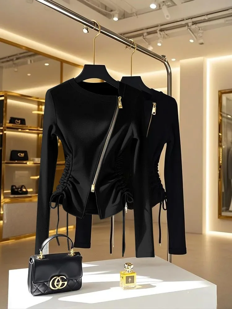 Frence moda lado cordão fino ajuste jaquetas zíper assimétrico casacos curtos primavera verão outerwear esportes elegante senhora do escritório