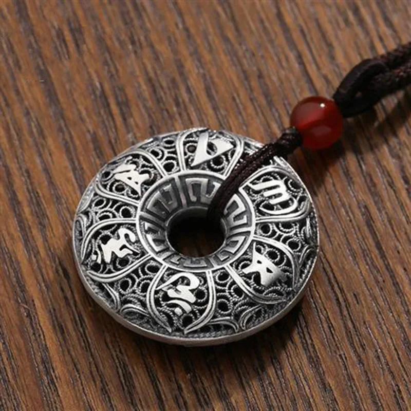 New S999 Sterling Silver Retro Hollow Out  Six Character Mantra Pendant Gift for Men and Women