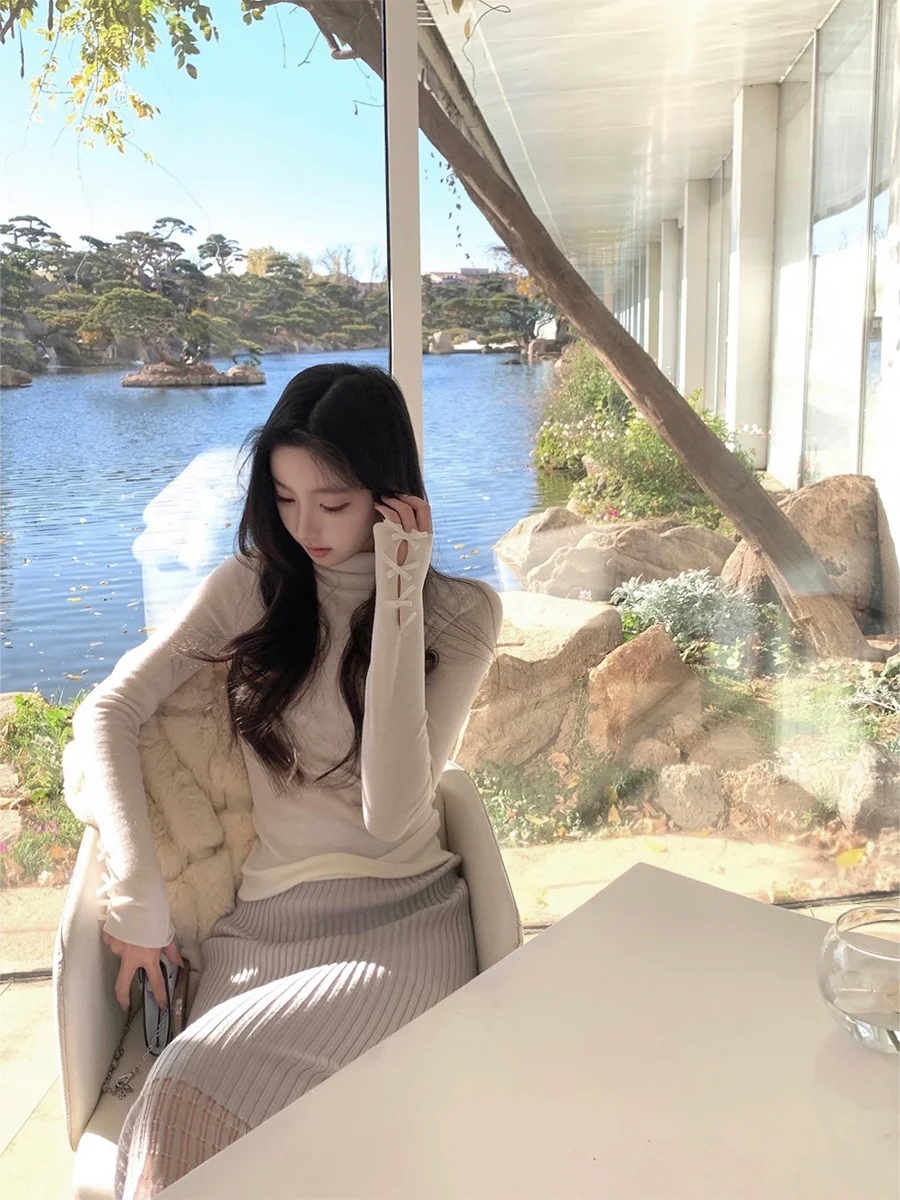 

Женский трикотажный свитер из пряжи Duchunzi Yangzi, 60 нитей, длинный, круглый вырез, тонкий, для базового слоя, повседневный, для верхней одежды...