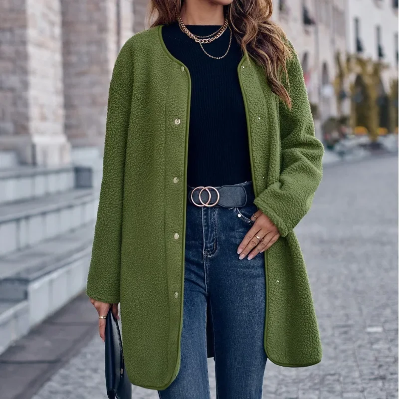 

2023 Autumn and Winter Women's Solid Color Round Neck Long Sleeve Single Breasted Mid Length Coat Fashion Casual Formal Tops