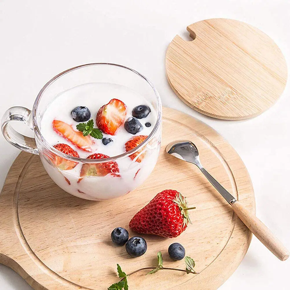 

2Sets Glass Coffee Mug with Lid Clear Stainless Steel Wood Base Milk Cup for Hot Beverages Oatmeal Cereal Yogurt Breakfast