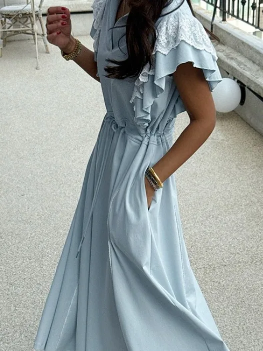 Ele Summer 2025 Chic Faion Gonna lunga da donna Dr Ruffle Splicing New Sle Pendolarismo Or Sve Colletto A-line S...