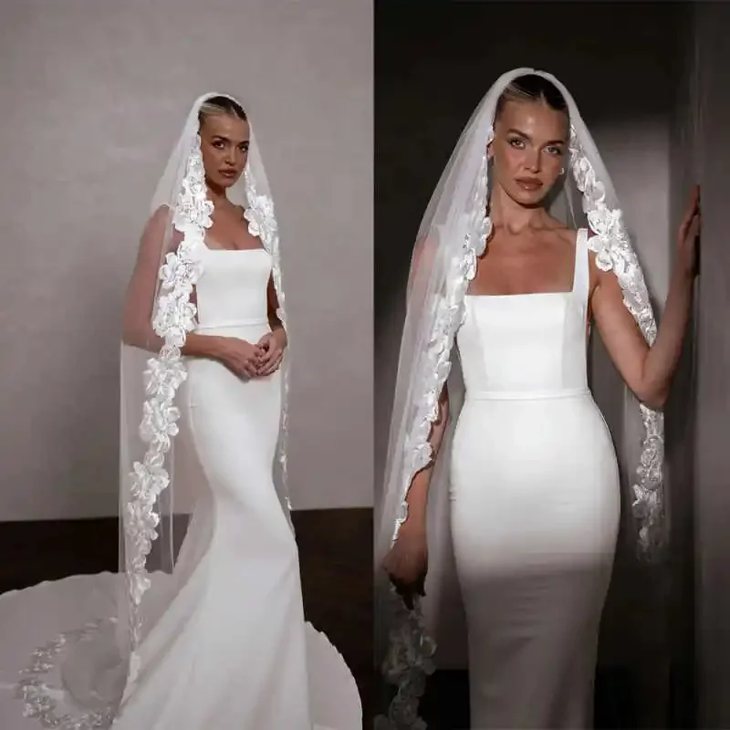 

Fashion Bridal Veil White Ivory Wedding Veils With Lace Edge Applique Cathedral Length Wedding Accessories De BodaVelo De Novia