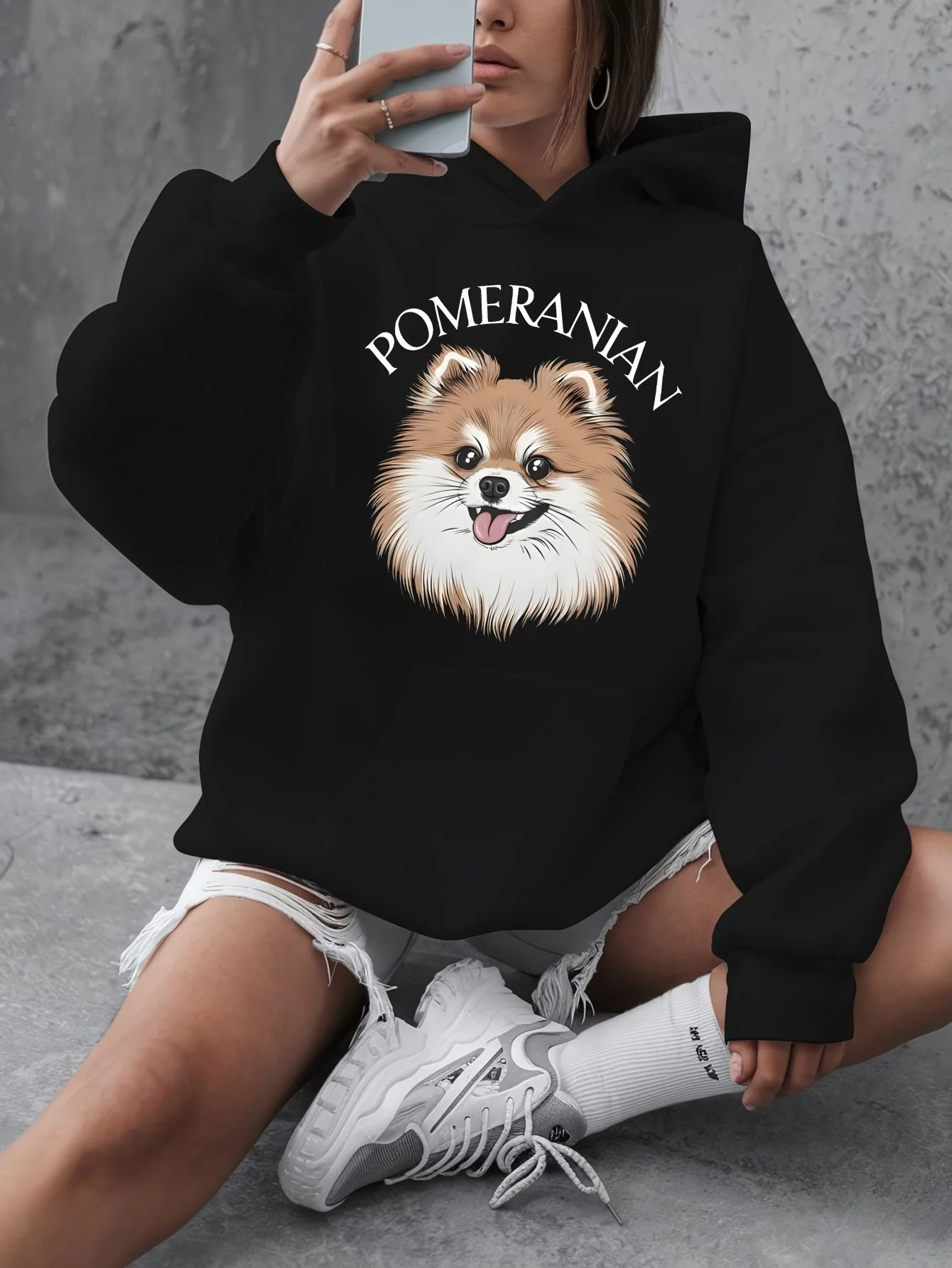

Women's Pomer Ranian Print Hoodie Sweatshirt Long Sleeve Sweatshirt Pullover Tops Streetwear Fashion Autumn Winter Clothing