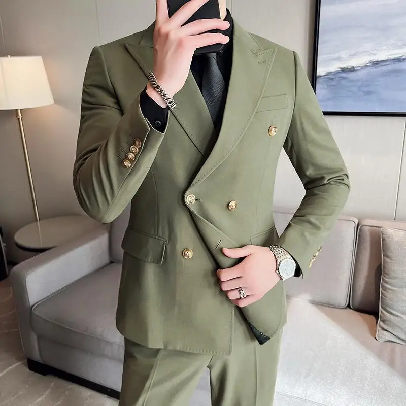 (Jackets+Pants+Vest) High-quality Men\'s Double Breasted Elegant Fashion Suits 3 Pcs Set Olive green Casual Wedding Social Tuxedo