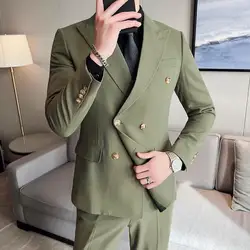 (Jackets+Pants+Vest) High-quality Men's Double Breasted Elegant Fashion Suits 3 Pcs Set Olive green Casual Wedding Social Tuxedo