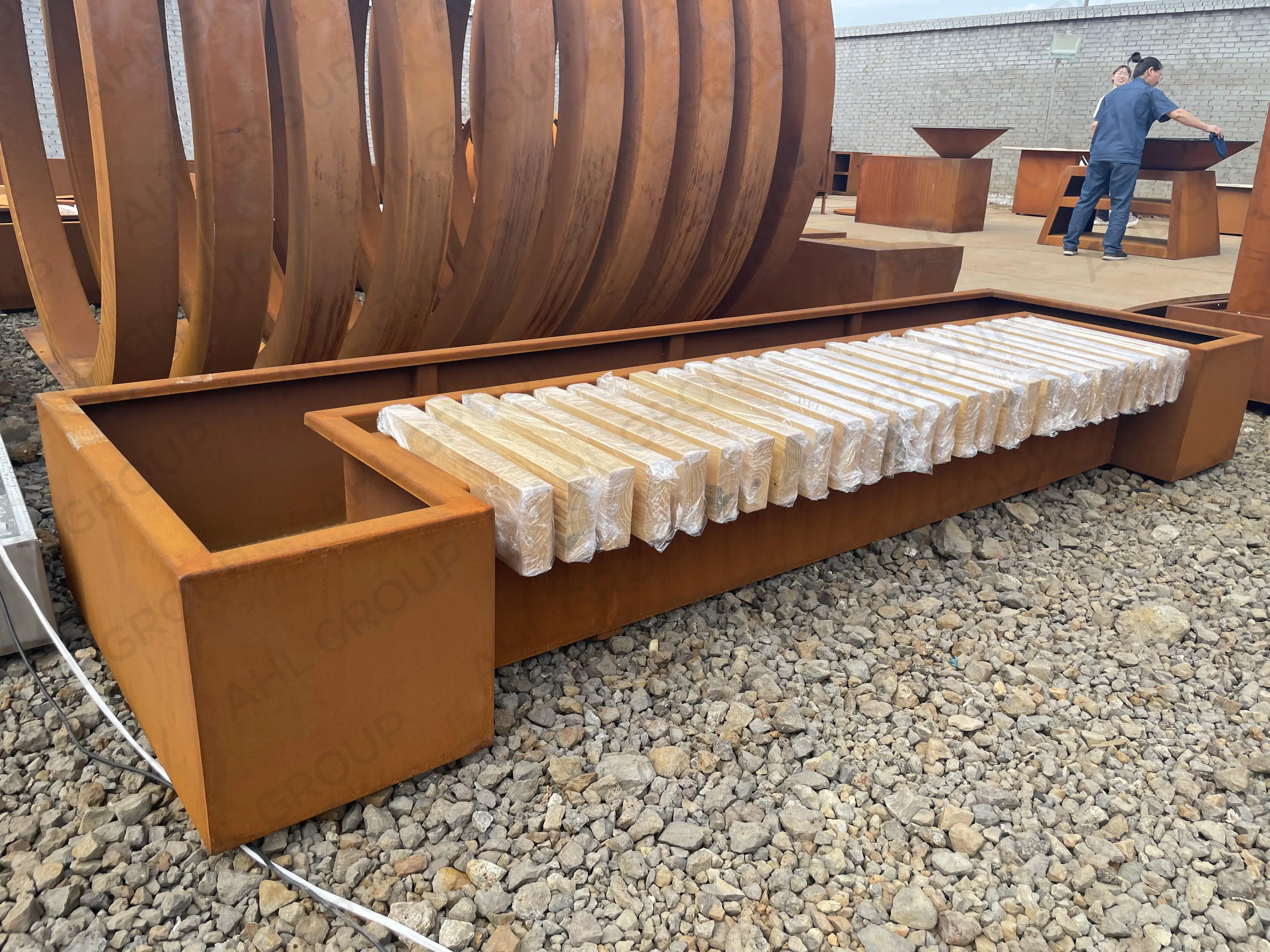 Custom Large Corten Steel  Planter & Wooden Bench Seating to Planters & Plant Containers