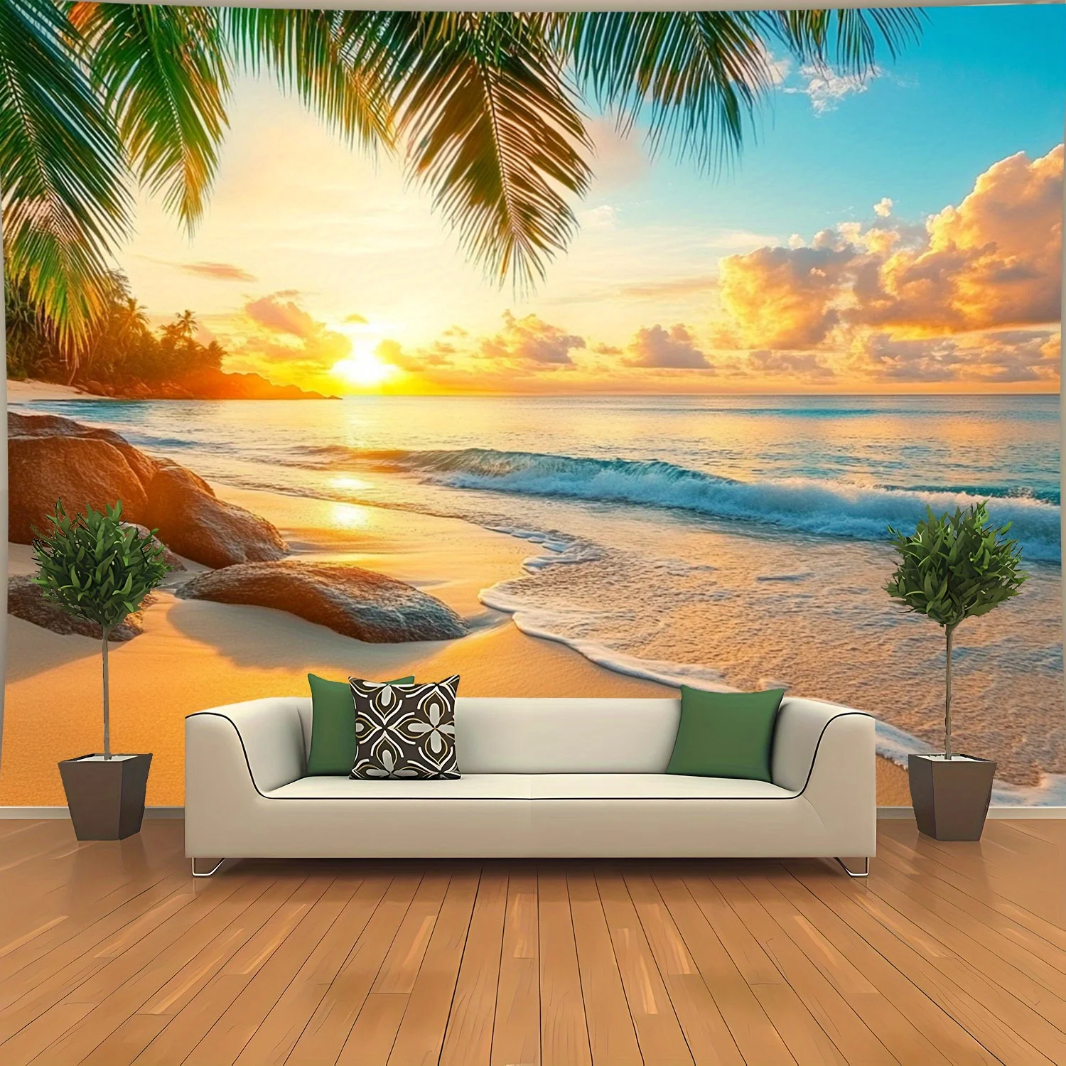Tropical Paradise Sunset Wall Tapestry for Relaxing Home Decor, Featuring a Stunning View of a Golden Sunset Over Calm