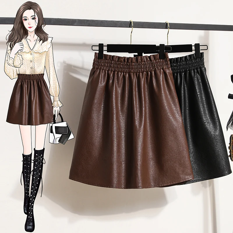 

plus Size Women's PU Leather A-Line Skirt Faionable High Waist Commute Sle Casual Floral Embellied Skirt