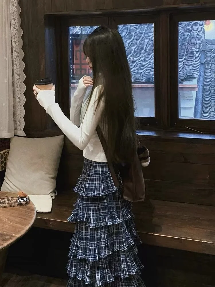 Women's Japanese Mori Girl Blue Plaid Tiered Ruffle Midi Skirt - Layered Flounce Casual Long Skirt, Sweet Daily Spring Autumn
