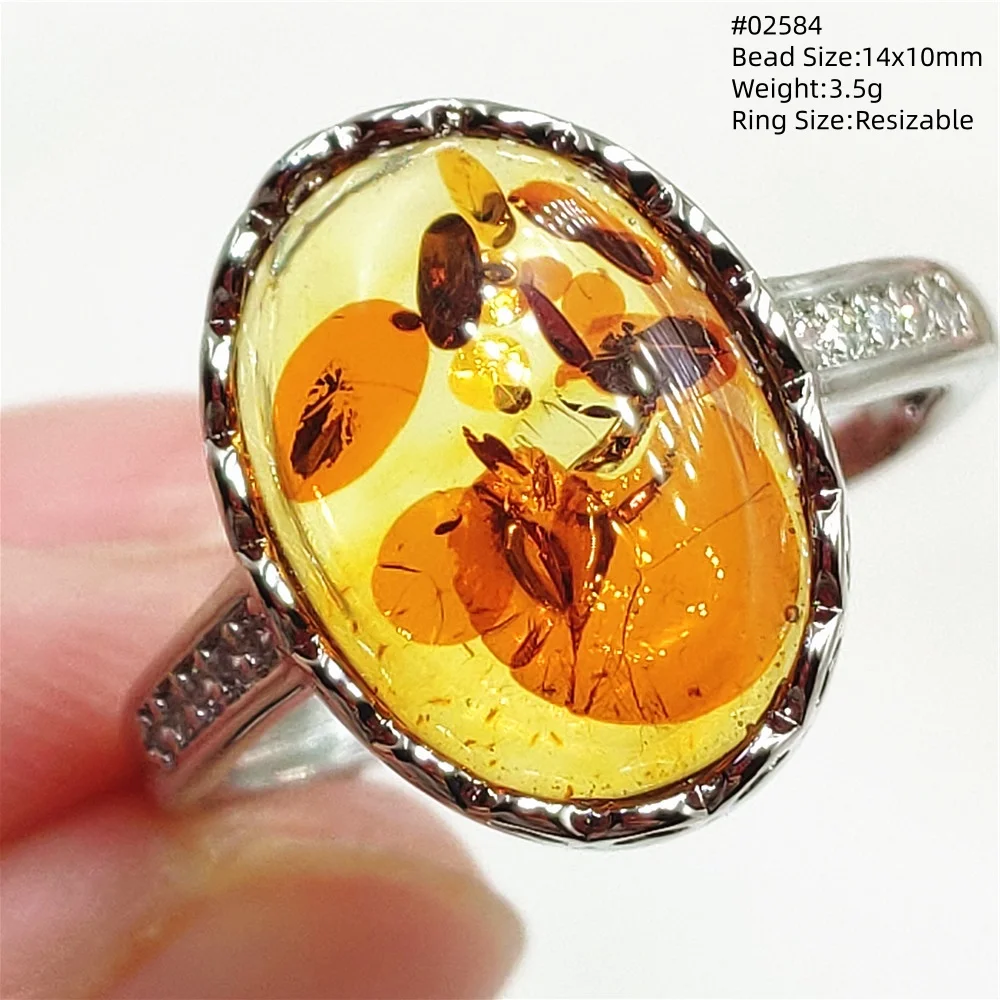 Natural Piebald Amber Adjustable Ring Red Flower Amber Big 925 Sterling Silver Jewelry  Amber Ring For Women Men AAAAA