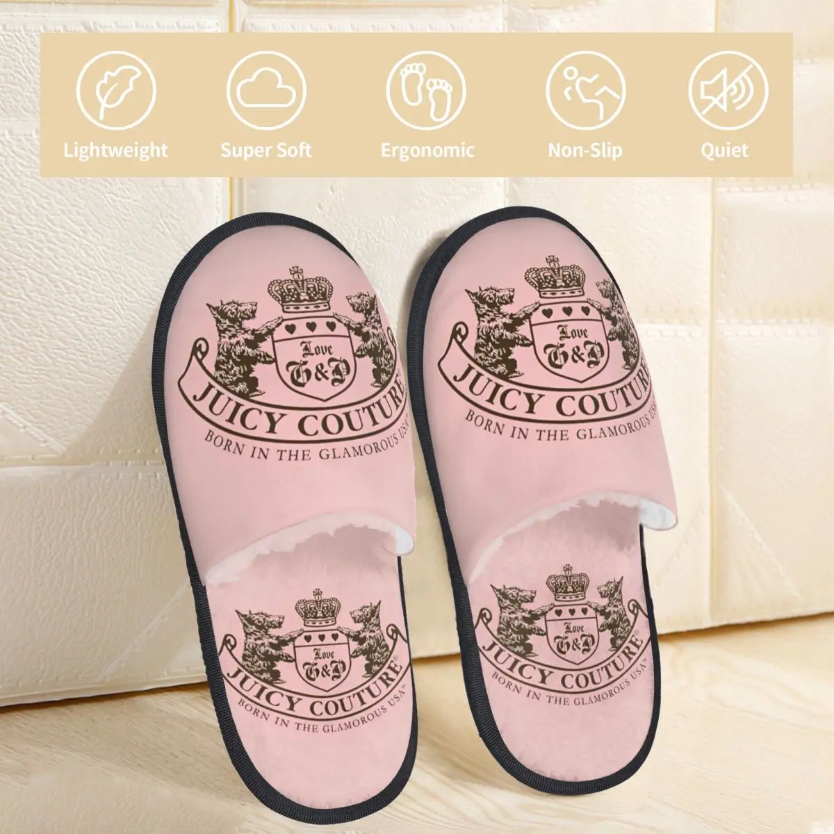 Juicys Pink Y2K JC Winter House Slippers Indoor Coutures Cozy Memory Foam Slippers Non Slip