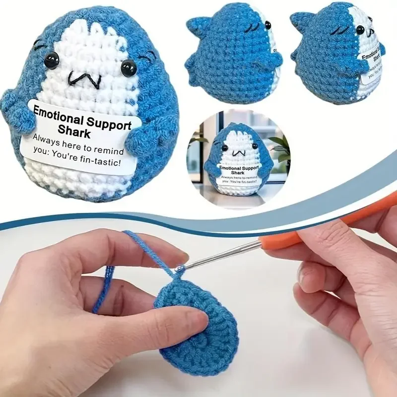 Crochê energia positiva mini bolso abraço artesanal de pelúcia tricô tubarão mão tecido boneca crianças decoração desktop presente natal