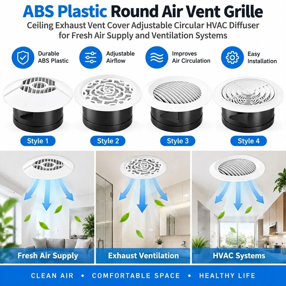 Adjustable Round Air Vent Ceiling Vent Grille Air Conditioning Outlet Exhaust Vent Cover Rotatable Louvers Air Outlet Grille