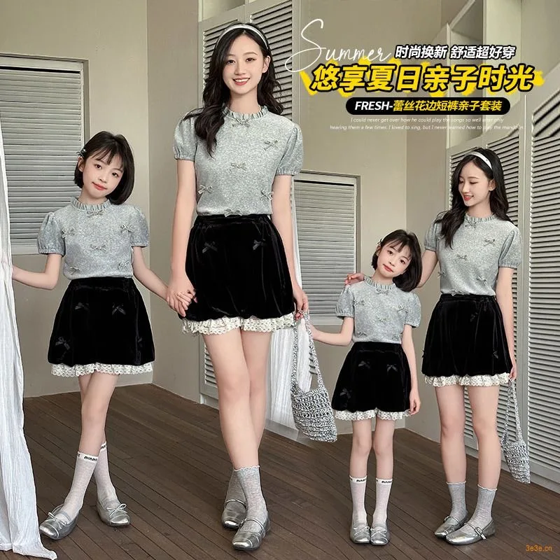 Family look mother daughter matching suit grey black family matching outfits Dress for girls bow lace mom daughter set 2026