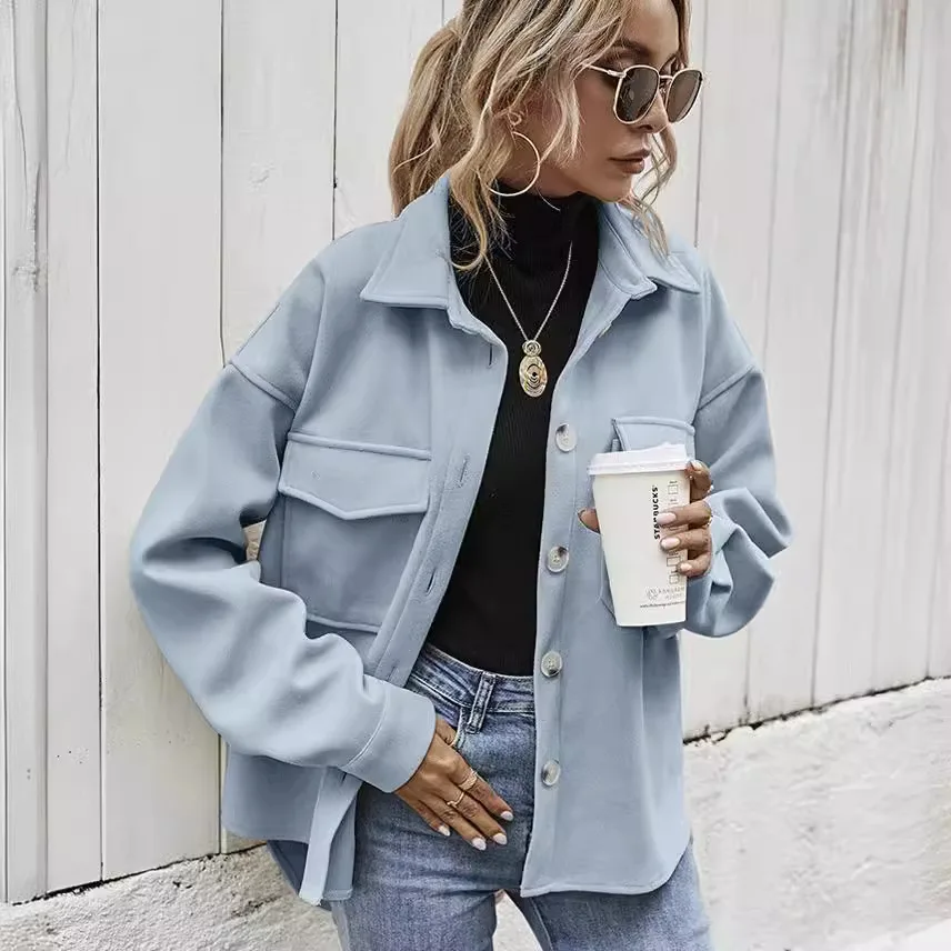 European American Women's Clothing 2025 Spring Lapel Single-breasted Thickened Solid-color Woolen Loose Coat