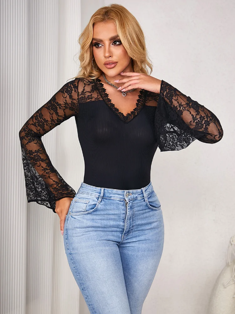 Comeondear Black Horn Long Sleeve Teddy Lingerie Women Floral Leotard Jumpsuit Plus Size Tights Sexy Lace Bodysuit V Neck Romper