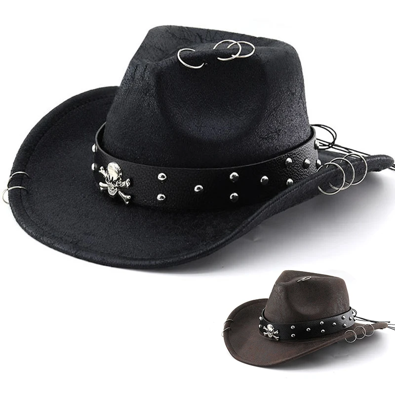 

New Faux Leather Vintage Western Cowboy Caps For Men Women Rivet Belt Gentleman Jazz Hats Panama Cowgirl Hat Cosplay Party Hats