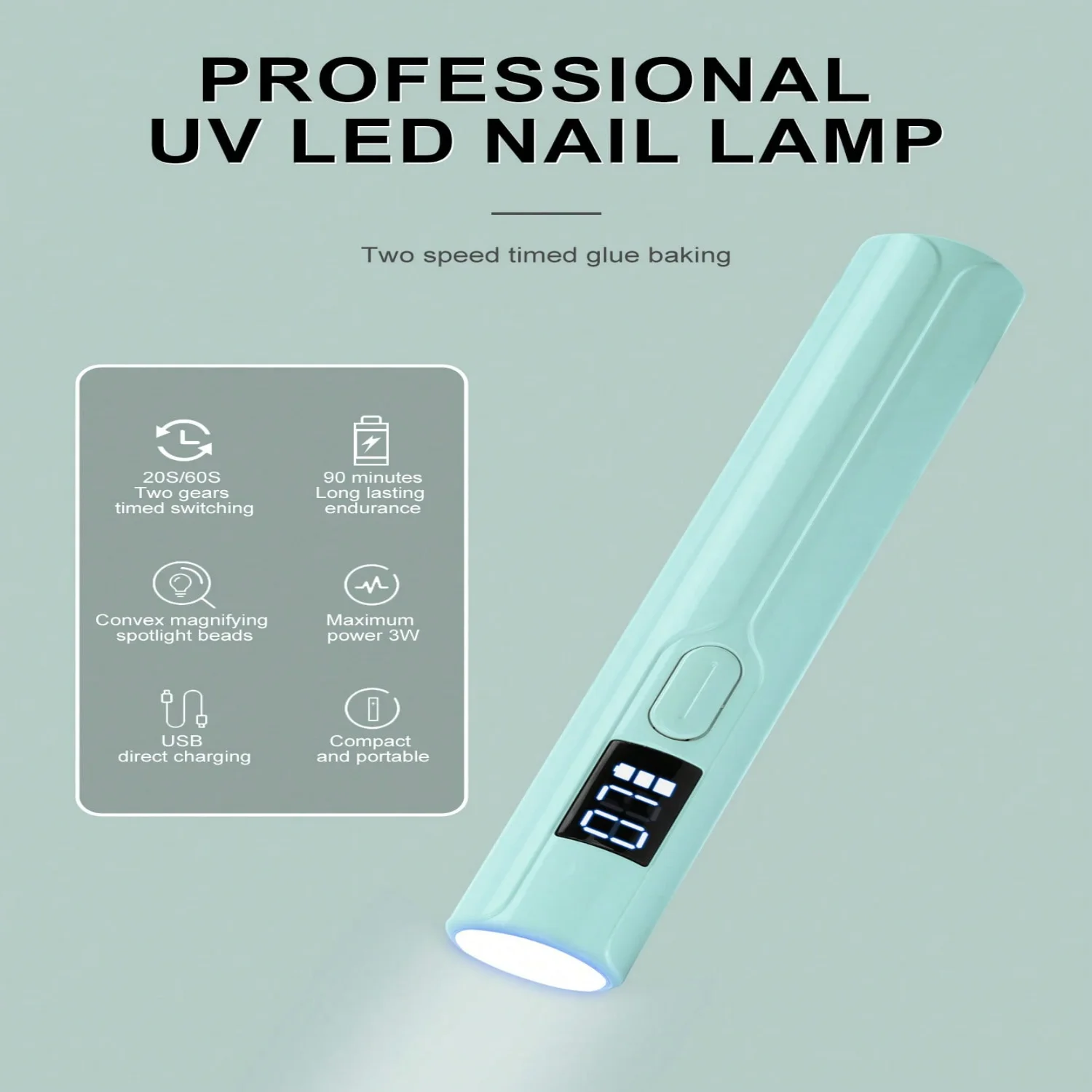 1pc portátil sem fio recarregável uv led lâmpada do prego, secador reto com 1 grânulo, 2 configurações de temporizador, display lcd polonês